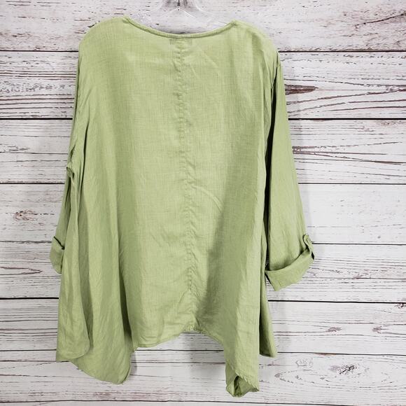 B. HADIKUSUMO Green 100%Linen Shark Bite Hem Roll Tab Sleeve Top Size XL - Picture 11 of 12